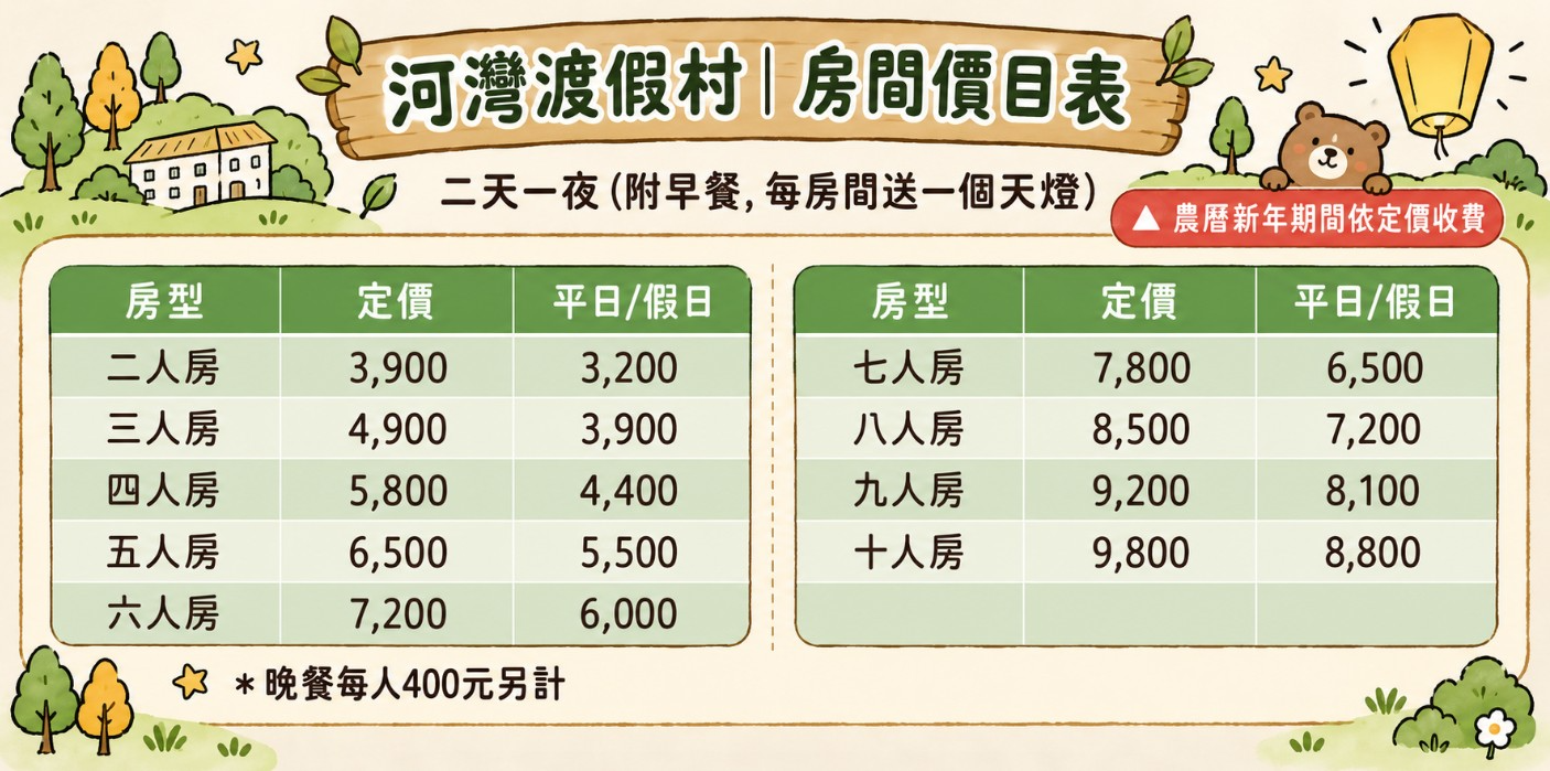 河灣渡假村房型價目表